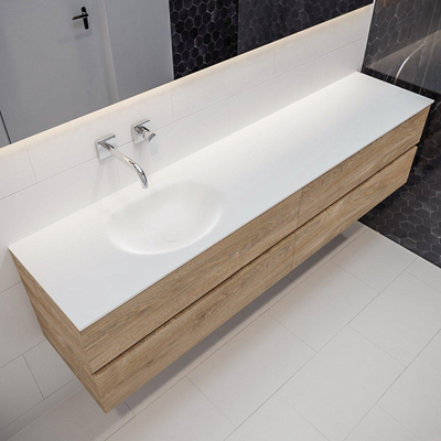 MONDIAZ VICA Badkamermeubelset - 200cm - 4 lades - wasbak Moon links - 0 kraangaten - solid surface washed oak