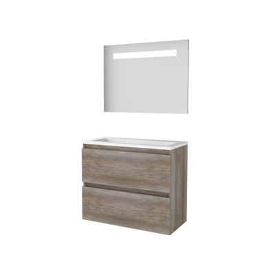 Basic-Line Economic 39 badkamermeubelset - 80x39cm - greeploos - 2 lades - acryl wastafel - 0 kraangaten - Spiegel - geintegreerde LED verlichting - MFC Scotch Oak