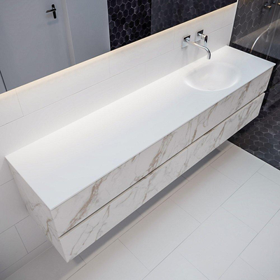 MONDIAZ VICA Badkamermeubelset - 200cm - 4 lades - wasbak Moon rechts - 0 kraangaten - solid surface carrara marmer