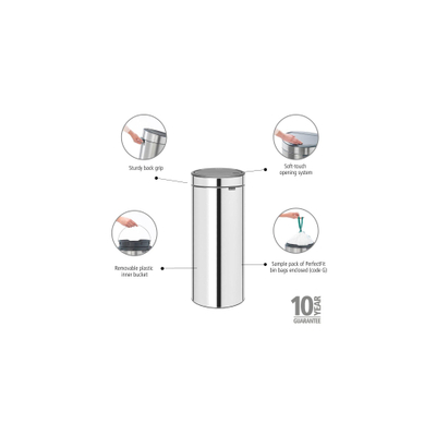 Brabantia Touch Bin Afvalemmer - 30 liter - kunststof binnenemmer - brilliant steel