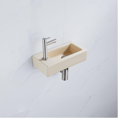 QeramiQ Fuente Fonteinset - 37.5x18.5x9cm - keramiek - kraangat links - fonteinkraan geborsteld RVS - afvoerplug - verlaagd sifon - Mat Beige