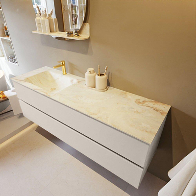 MONDIAZ VICA-DLUX Badkamermeubelset - 150cm - onderkast linen- 2 lades - inbouw wastafel cloud links - 1 kraangat - 60cm hoge versie - frape