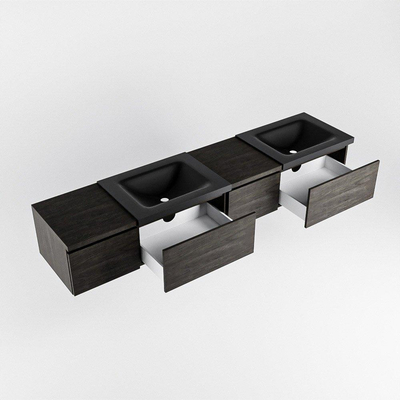 MONDIAZ BUKLA 200cm badmeubel met module 40 rechts kleur Dark Brown met 4 lades. Wastafel CLOUD dubbel 2 kraangaten kleur Urban.