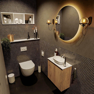 Mondiaz Fowy Toiletmeubel - 50x50x23cm - washed oak mat - 1 kraangat - wasbak rechts - 1 deur - solid surface - blad Melamine - wasbak: wit