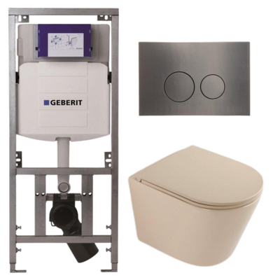 QeramiQ Dely Toiletset - 36.3x51.7cm - diepspoel - rimless - Geberit UP320 inbouwreservoir - softclose toilet zitting - gunmetal bedieningsplaat - ronde knoppen - mat beige