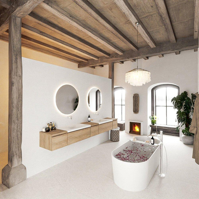 MONDIAZ BUKLA 280cm badmeubel met module 40 kleur Washed Oak met 5 lades. Wastafel CLOUD dubbel 0 kraangaten kleur Talc.