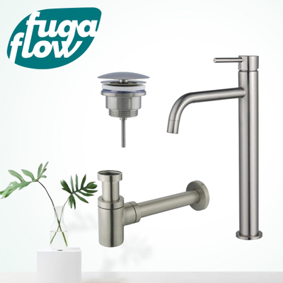 FugaFlow Eccelente Sobrado Badkamer Slim Wastafelkraanset - verhoogde wastafelkraan - always open plug - verlaagde design sifon - PVD Geborsteld RVS