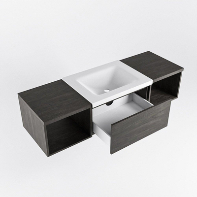 MONDIAZ BUKLA 140cm badmeubel met open module 40 L+R kleur Dark Brown met 2 lades. Wastafel CLOUD midden 1 kraangat kleur Talc.