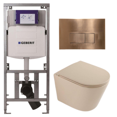 QeramiQ Dely Toiletset - 36.3x51.7cm - diepspoel - rimless - Geberit UP320 inbouwreservoir - softclose toilet zitting - koperen bedieningsplaat - rechthoekige knoppen - mat beige