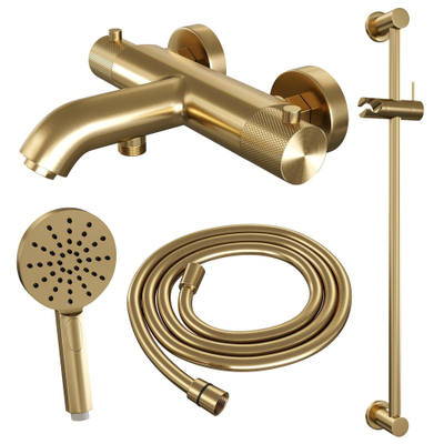 Brauer Gold Carving Badkraan Opbouw - glijstang - 2 functies - 2 carving knoppen - handdouche rond 3 standen - PVD - geborsteld goud