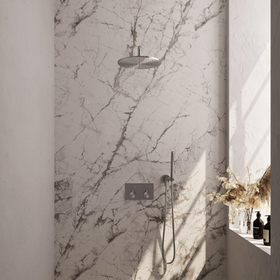 BRAUER Brushed Edition Thermostatische Regendouche inbouw - drukknoppen - SET 52 - 30cm hoofddouche - gebogen muurarm - staaf handdouche - doucheslang - wandaansluitbocht - RVS geborsteld PVD