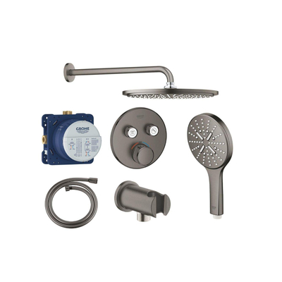 Grohe Grohtherm regendoucheset inbouw - hoofddouche rond - handdouche rond - gebogen wandarm - hard graphite geborsteld