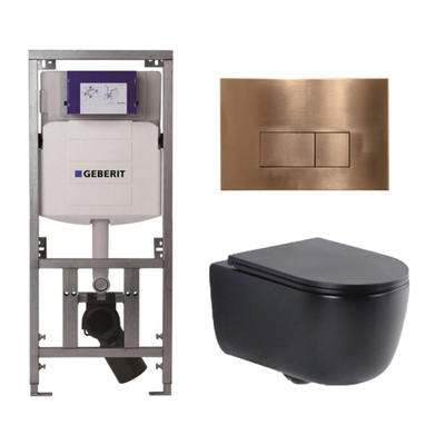 QeramiQ Dely Swirl Toiletset - 36.3x51.7cm - Geberit UP320 Burda inbouwreservoir - slim zitting - koperen bedieningsplaat - rechthoekige knoppen - mat zwart