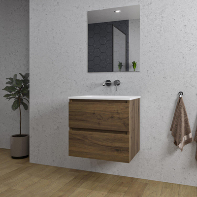 Adema Chaci Badkamermeubelset - 60x46x57cm - 1 keramische wasbak wit - zonder kraangaten - 2 lades - rechthoekige spiegel - noten (hout)