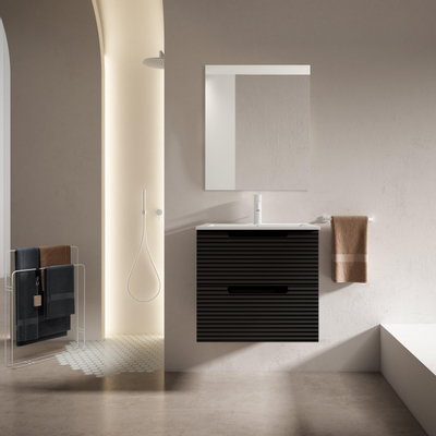 Adema Prime Balance Badkamermeubelset - 60x55x45cm - 1 ovale keramische wasbak wit - 1 kraangat - 2 lades - rechthoekige spiegel - mat zwart