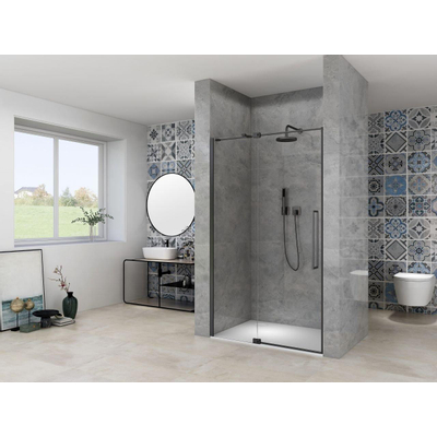 Van Rijn Products ST08 Nis Draaideur 2 delig 1050-1150 x 2000mm 8 mm Helder glas incl. Glasbehandeling, Zwart muurprofiel, Greep en Stabilisatiestang