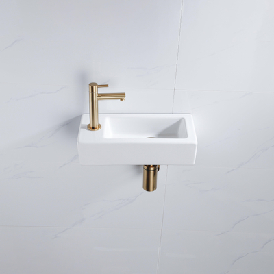 QeramiQ Fuente Fonteinset - 37.5x18.5x9cm - keramiek - kraangat links - fonteinkraan geborsteld messing - afvoerplug - verlaagd sifon - Glans wit