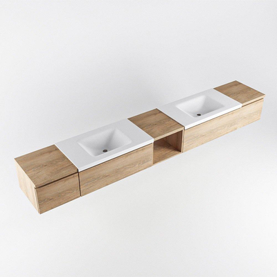 MONDIAZ BUKLA 280cm badmeubel met open module 40 midden kleur Washed Oak met 4 lades. Wastafel CLOUD dubbel 2 kraangaten kleur Talc.