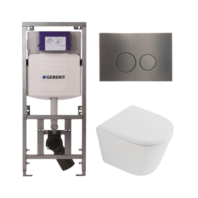 QeramiQ Dely Toiletset - 36.3x51.7cm - diepspoel - rimless - Geberit UP320 inbouwreservoir - softclose toilet zitting 35 mm - gunmetal bedieningsplaat - ronde knoppen - mat wit