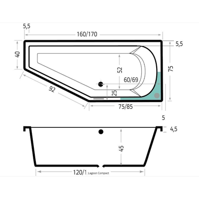 Xenz Lagoon compact ligbad - 160x75cm - met overloop - zonder afvoer - Hoekopstelling rechts - Acryl Edelweiss mat