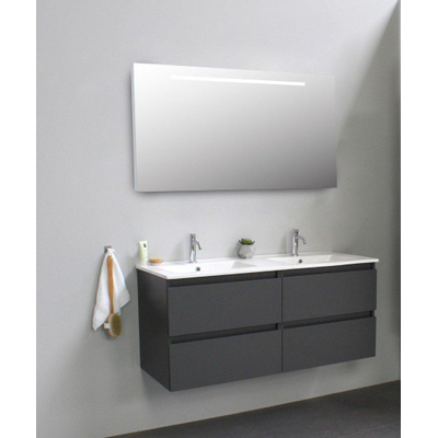 Adema Bella badmeubel met keramiek wastafel 2 kraangaten met spiegel met licht 120X55X46cm Antraciet mat Flat Pack