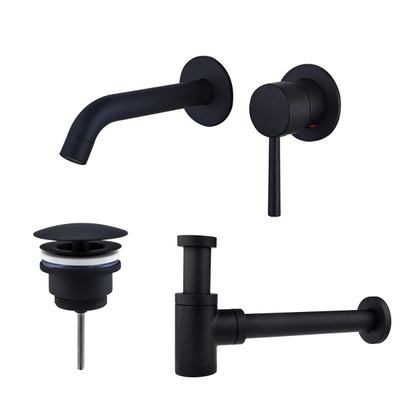 Fortifura Calvi Slim Wastafelkraanset - inbouw wastafelkraan - always open plug - verlaagde design sifon - Mat zwart