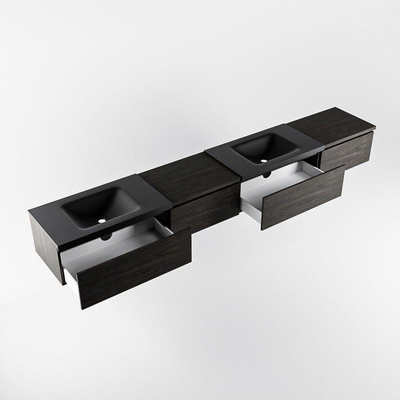 MONDIAZ BUKLA 280cm badmeubel met module 60 links kleur Dark Brown met 4 lades. Wastafel CLOUD dubbel 0 kraangaten kleur Urban.