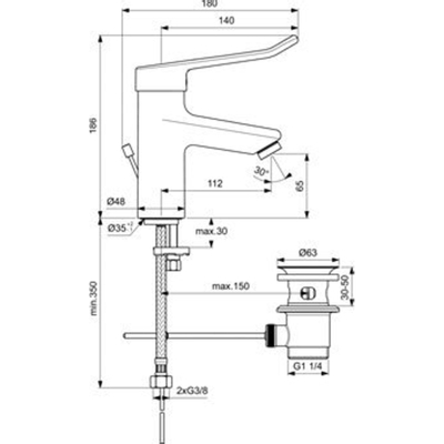 Ideal Standard Ceraplus 2 wastafelkraan met waste m. vaste zelflegende uitloop m. beugelgreep 14cm chroom