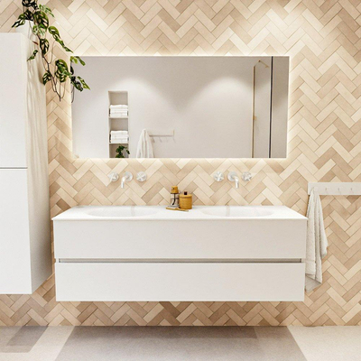 MONDIAZ VICA 150cm badmeubel onderkast Talc 2 lades. Wastafel MOON dubbel zonder kraangat, kleur Talc.