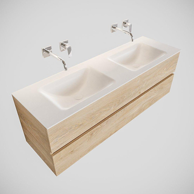 MONDIAZ VICA Badkamermeubelset - 150cm - 2 lades - wasbak Cloud dubbel - 0 kraangaten - solid surface washed oak