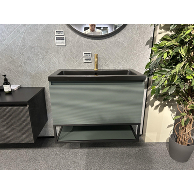 HR Djazz wastafel met 1 kraangat onderkast 80cm 1 lade petrol mat Matrix Frame mat zwart met Bodeminleg petrol mat SHOWROOMMODEL