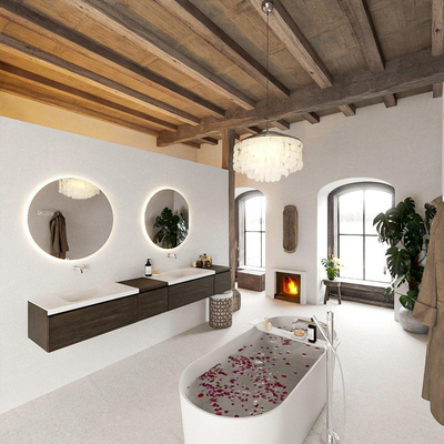 MONDIAZ BUKLA 240cm badmeubel met module 40 links kleur Dark Brown met 4 lades. Wastafel CLOUD dubbel 0 kraangaten kleur Talc.