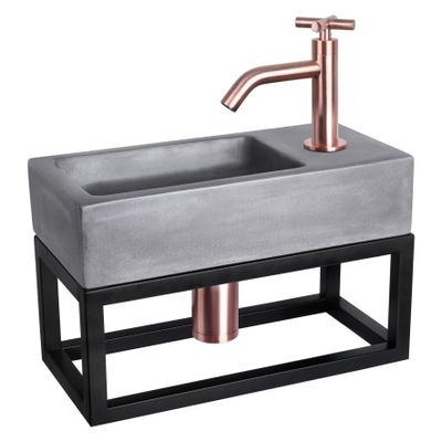 Differnz Ravo fonteinset - 38.5x18.5x25cm - Rechthoek - 1 kraangat - Gebogen rose koperen kraan - met zwart frame - kruisgreep - beton donkergrijs