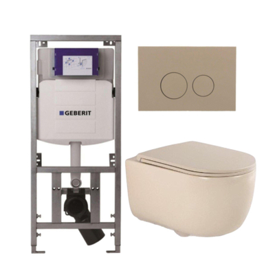 QeramiQ Dely Swirl Toiletset - 36.3x51.7cm - Geberit UP320 Burda inbouwreservoir - slim zitting - bedieningsplaat taupe - ronde knoppen - beige