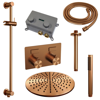 BRAUER Copper Edition Thermostatische Regendouche inbouw - drukknoppen - SET 66 - 30cm hoofddouche - plafondarm - staaf handdouche - doucheslang - geïntegreerde glijstang - koper geborsteld PVD