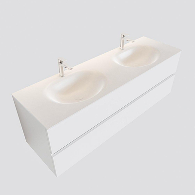 MONDIAZ VICA Badkamermeubelset - 150cm - 2 lades - wasbak Moon dubbel - 2 kraangaten - solid surface talc