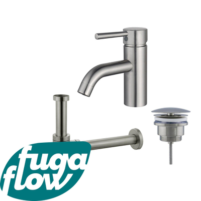 FugaFlow Eccelente Sobrado Badkamer Wastafelkraanset - lage wastafelkraan - always open plug - design sifon - PVD Geborsteld RVS