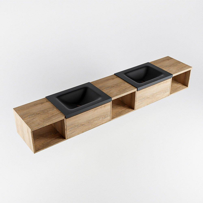 MONDIAZ BUKLA 240cm badmeubel met open module 40 L+M+R kleur Washed Oak met 2 lades. Wastafel CLOUD dubbel 0 kraangaten kleur Urban.