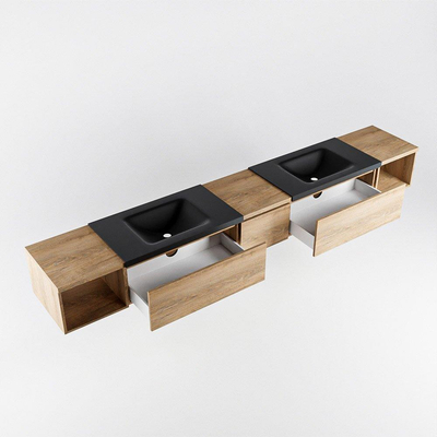 MONDIAZ BUKLA 280cm badmeubel met open module 40 L+R kleur Washed Oak met 3 lades. Wastafel CLOUD dubbel 0 kraangaten kleur Urban.