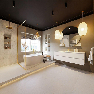 MONDIAZ VICA-DLUX Badkamermeubelset - 150cm - onderkast talc - 2 lades - inbouw wastafel cloud midden - 1 kraangat - 60cm hoge versie - opalo