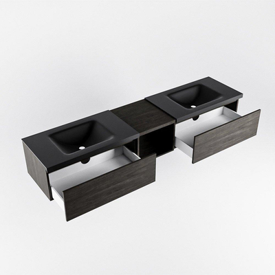 MONDIAZ BUKLA 200cm badmeubel met open module 40 kleur Dark Brown met 2 lades. Wastafel CLOUD dubbel 0 kraangaten kleur Urban.