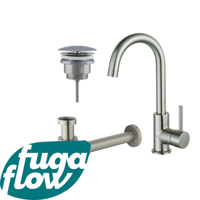 FugaFlow Eccelente Sobrado Badkamer Wastafelkraanset - hoge wastafelkraan - draaibare uitloop - always open plug - verlaagde design sifon - PVD Geborsteld RVS
