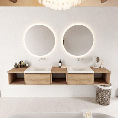 MONDIAZ BUKLA 240cm badmeubel met open module 40 L+M+R kleur Washed Oak met 2 lades. Wastafel CLOUD dubbel 0 kraangaten kleur Talc.