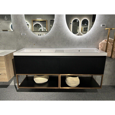 Saniclass Foggia wastafel met 0 kraangaten onderkast 160cm mat zwart 2 lades IChoice Onderkast Frame koper met bodemplaat mat zwart SHOWROOMMODEL