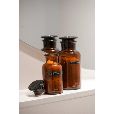 Wellmark Badzout bruin glas Apothekers pot 250ml Rozen tekst JUST RELAX OUTLETSTORE