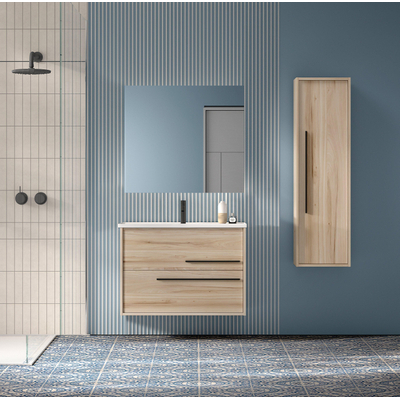 Adema Prime Essential Badkamermeubelset - 80x55x46cm - 1 ovale wasbak wit - 1 kraangat - 2 lades - rechthoekige spiegel - beech (hout)