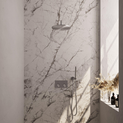 BRAUER Brushed Carving Thermostatische Regendouche inbouw - drukknoppen - SET 52 - 30cm hoofddouche - gebogen muurarm - staaf handdouche - doucheslang - wandaansluitbocht - RVS geborsteld PVD