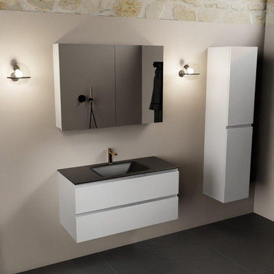 Mondiaz Aivy badmeubelset - 100x45x50cm - 1 kraangat - 1 wasbak urban Solid surface - Midden - 2 lades - Met spiegelkast - MDF Talc