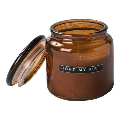 Wellmark Geurkaars Groot bruin glas Cedarwood tekst LIGHT MY FIRE Black label SHOWROOMMODEL