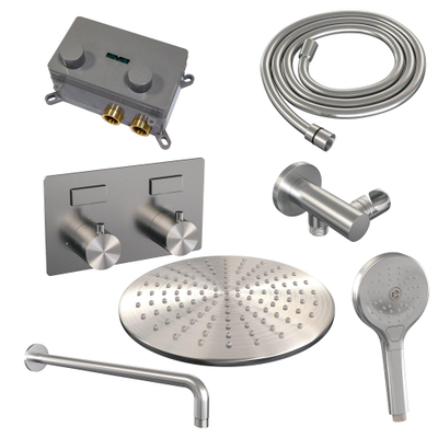 BRAUER Brushed Edition Thermostatische Regendouche inbouw - drukknoppen - SET 58 - 30cm hoofddouche - gebogen muurarm - 3 standen handdouche - doucheslang - wandaansluitbocht - RVS geborsteld PVD